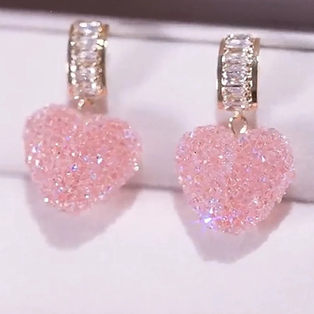 Sparkly Heart Shaped Rock Candy Drop Earrings with Pave Set Baguette Crystals